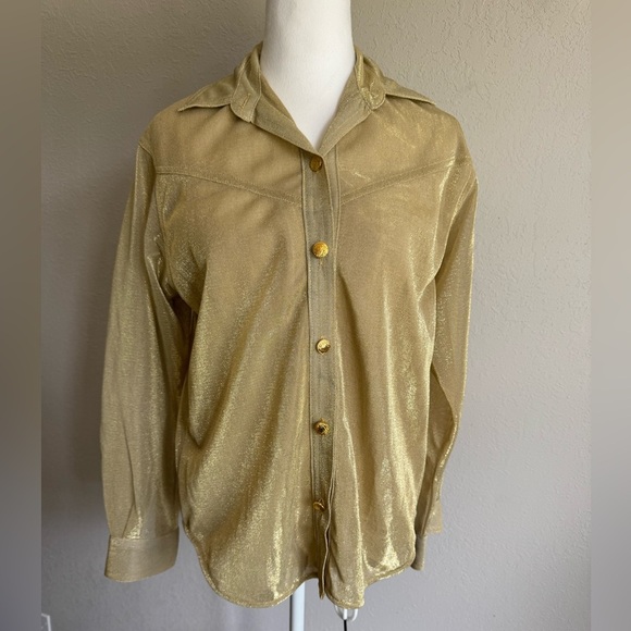 Cache Gold Metallic Sheer Button Down Blouse Womens S Grannycore Vintage - Picture 1 of 6